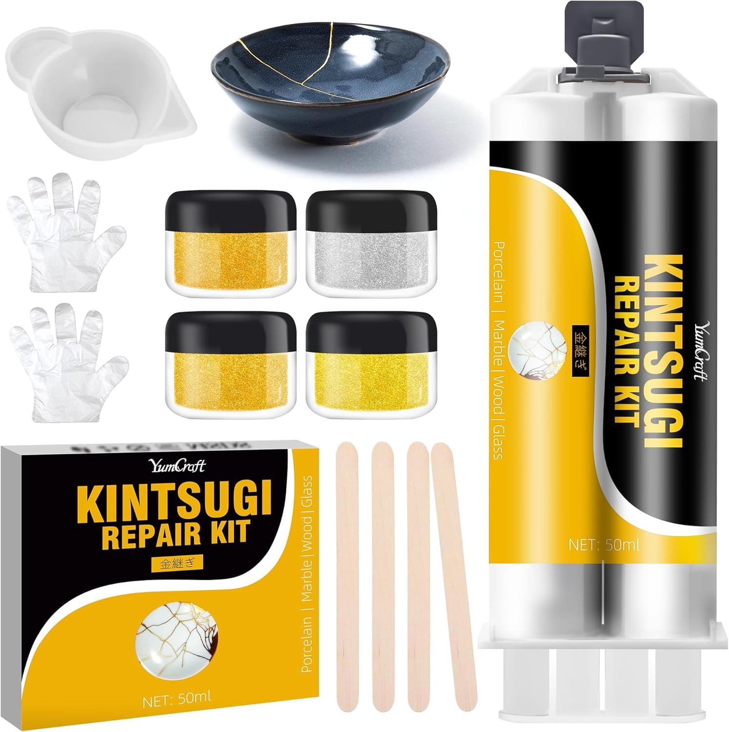 Kintsugi Repair Kit Gold & Silver, 50ml Food Safe Ceramic Glue, Japanese Art Craft Kintsugi Glue for Broken Pottery, Porcelain, Glass, Jade, Bowls, Beginner-Friendly for Restoring Meaningful Gifts