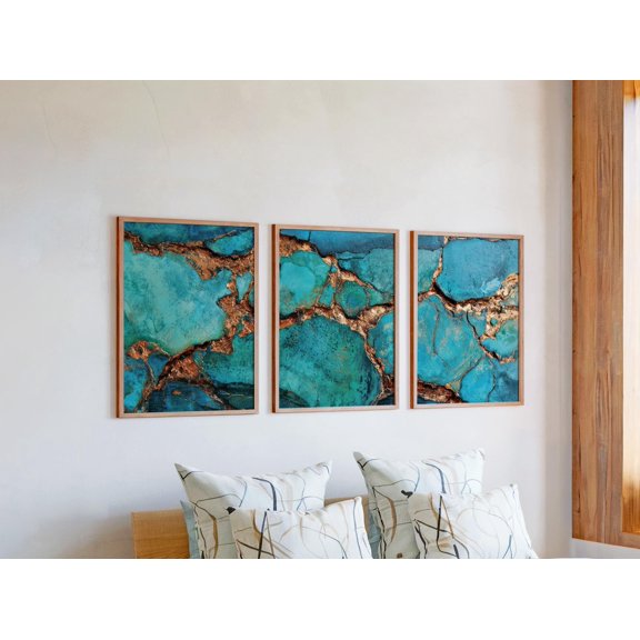 Kintsugi Style Turquoise And Copper Fracture Triptych Luxury Stone Texture Mineral Gallery Set For Decorative Wall Art Poster, , Poster Only