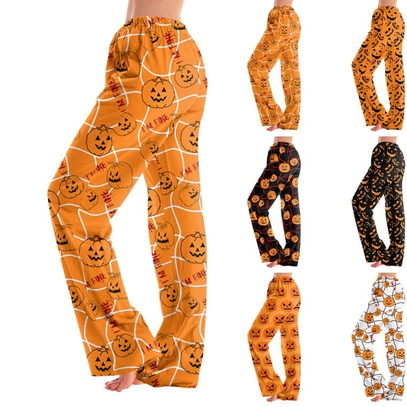 Kintue Halloween Pajamas Pants for Women, Cute Pumpkin Print Wide Leg Pants, Comfy Fall Loungewear Bottoms, Womens Pumpkin Pajamas