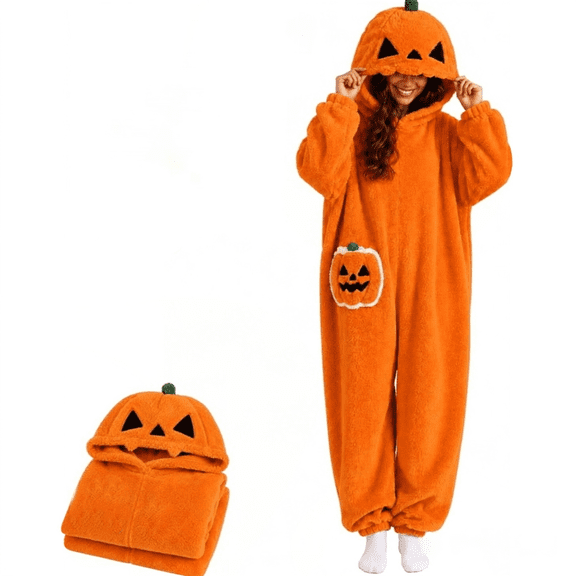 Kintue Halloween Pumpkin Jack O Lantern Hooded Onesie Costume Adult Plush Halloween Pumpkin Pajamas with Hood Oversized One Piece Jumpsuit