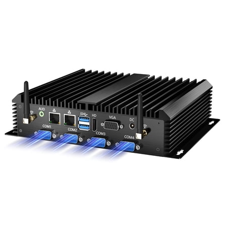 Kinupute Industrial Mini Computer, Fanless Desktop PC Core i5-4200U 1.6-2.6GHz, Windows 10 Pro, 16G RAM, 256G SSD, 2xNICs, 6xCOM RS232, 4xUSB 3.0, HDMI/VGA Ports, Auto Power On, Full Metal Case