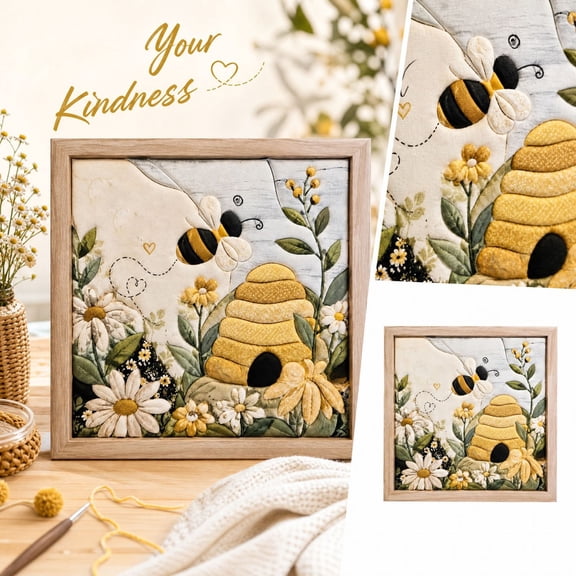 Kinusaiga Fabric Art Kit, No Sew Fabric Art Kit Bee Flower Pattern, Framed Cotton Patchwork Craft, DIY Home Wall Decor