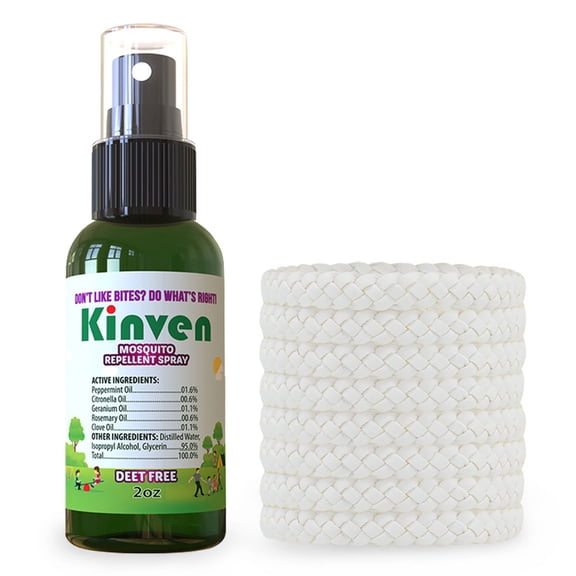 Kinven Anti Mosquito Repellant Bundle - (2oz Spray Bottle + 8 Bracelet, White) 