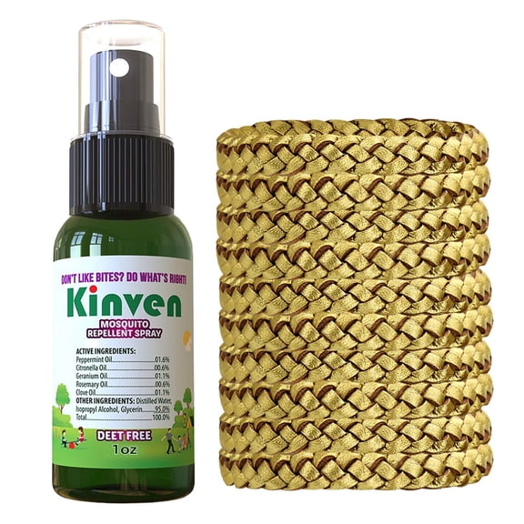 Kinven Bracelets and Spray Pack for Mosquito - 1oz Bottle + 10 Bracelets, Gold, Great Looking and Natural, Insect Wristband & Spray, Waterproof, Indoor Outdoor Protection for Adults & Kids