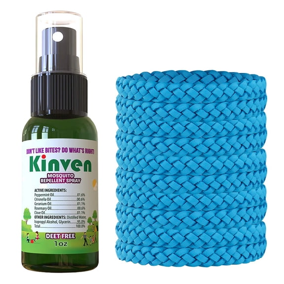 Kinven Bracelets and Spray Pack for Mosquito - 1oz Bottle + 10 Bracelets, Light Blue, Great Looking and Natural, Insect Wristband & Spray, Waterproof, Indoor Outdoor Protection for Adults & Kids