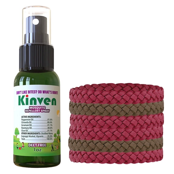 Kinven Bracelets and Spray Pack for Mosquito - 1oz Bottle + 2 Brown & 4 Red Bracelets, Great Looking and Natural, Insect Wristband & Spray, Waterproof, Indoor Outdoor Protection for Adults & Kids