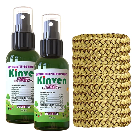 Kinven Bracelets and Spray Pack for Mosquito - 2 x 2oz Bottle + 10 Bracelets, Gold, Great Looking and Natural, Insect Wristband & Spray, Waterproof, Indoor Outdoor Protection for Adults & Kids