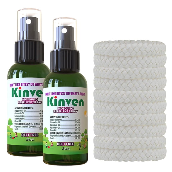 Kinven Bracelets and Spray Pack for Mosquito - 2 x 2oz Bottle + 10 Bracelets, White, Great Looking and Natural, Insect Wristband & Spray, Waterproof, Indoor Outdoor Protection for Adults & Kids