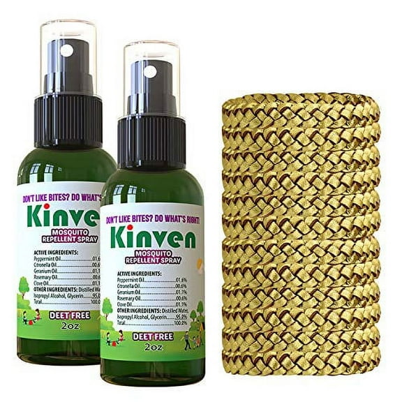 Kinven Bracelets and Spray Pack for Mosquito - 2 x 2oz Bottle + 12 Bracelets, Gold, Great Looking and Natural, Insect Wristband & Spray, Waterproof, Indoor Outdoor Protection for Adults & Kids