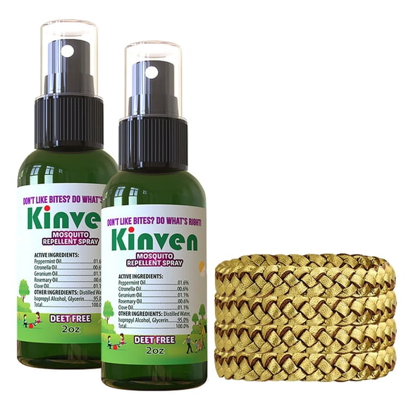 Kinven Bracelets and Spray Pack for Mosquito - 2 x 2oz Bottle + 4 Bracelets, Gold, Great Looking and Natural, Insect Wristband & Spray, Waterproof, Indoor Outdoor Protection for Adults & Kids