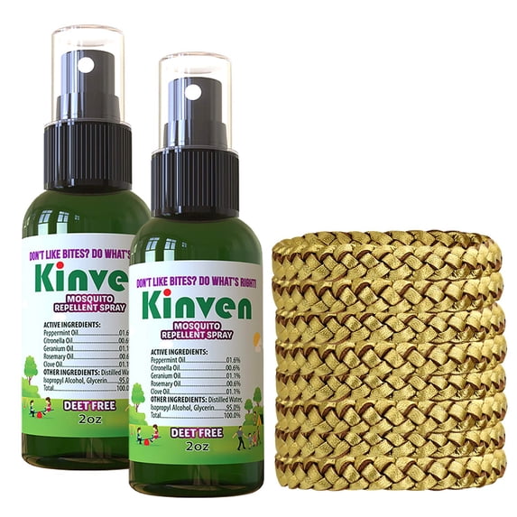 Kinven Bracelets and Spray Pack for Mosquito - 2 x 2oz Bottle + 8 Bracelets, Gold, Great Looking and Natural, Insect Wristband & Spray, Waterproof, Indoor Outdoor Protection for Adults & Kids