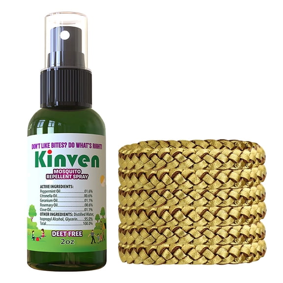 Kinven Bracelets and Spray Pack for Mosquito - 2oz Bottle + 6 Bracelets, Gold, Great Looking and Natural, Insect Wristband & Spray, Waterproof, Indoor Outdoor Protection for Adults & Kids