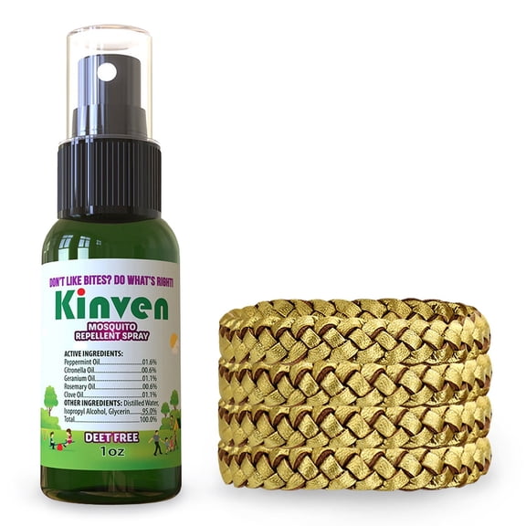 Kinven Mosquito Repellent Bundle - (1oz Spray Bottle + 4 Bracelet, Gold)