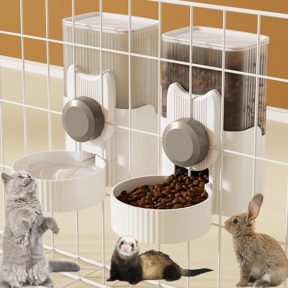 Kinyuki Rabbit Feeder for Cage,Hanging Automatic Cat Feeder and Water Dispenser,Ferret Cage Accessories,Food Water Bowl for Cats Rabbit Guinea Pig Cages(Cage Grid Spacing Over 1.2'')