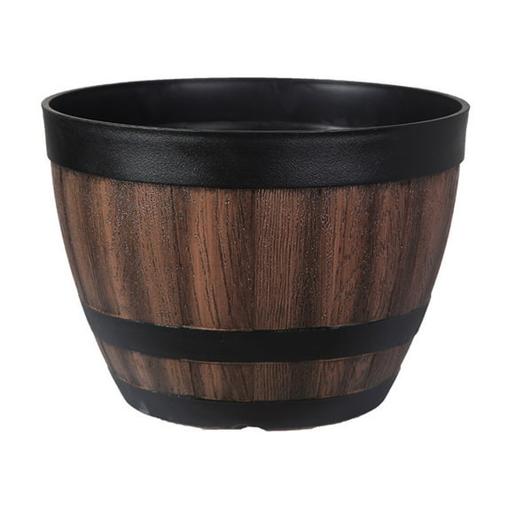 Kinzd Plant Pot Faux Whiskey Barrel Shape Home Decor Plastic Indoor Outdoor Yard Patio Flowerpot for Garden