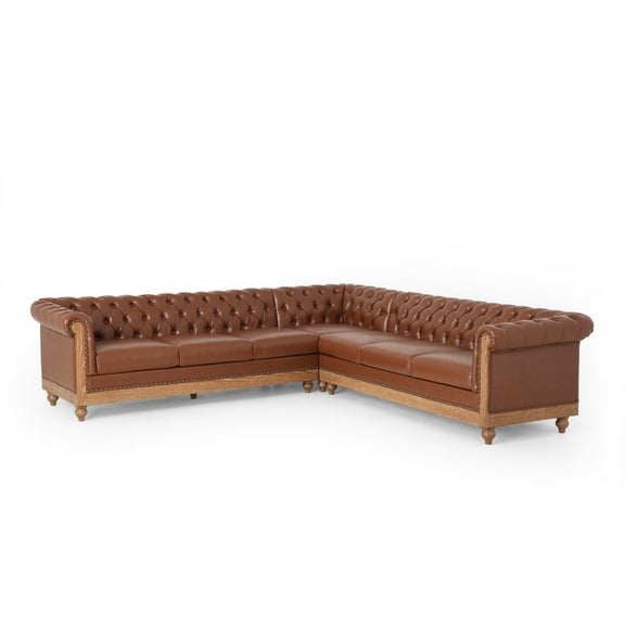 Kinzie Chesterfield Tufted 7 Seater Sectional Sofa with Nailhead Trim, Cognac Brown and Natural