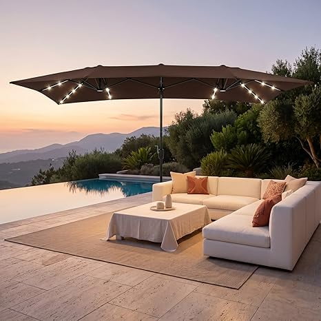 15×15ft Large Rectangular Outdoor Patio Umbrella with 36 Solar-Powered LED Lights, Reversible Outdoor Shade with Crank for Garden, Patio, Deck and Pool(Brown)