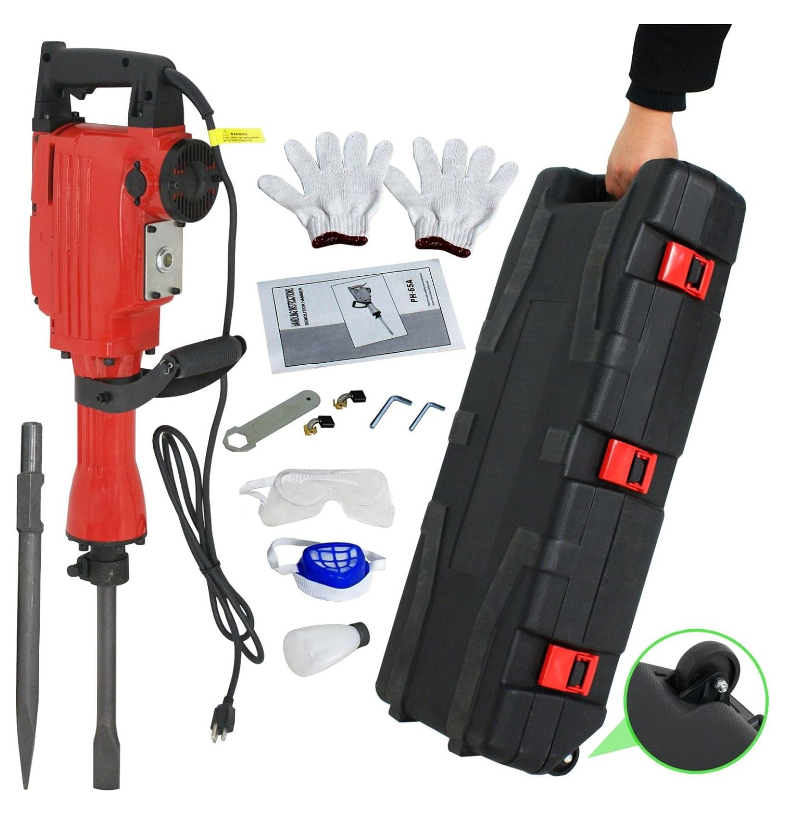 KioJJp 2200W Heavy Duty Electric Demolition Jack Hammer Concrete Breaker Power Tool Kit 2 Chisel 2 Punch Bit Set W/Case, Gloves