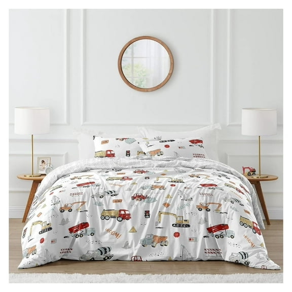 KioJJp Construction Truck Boy Full/Queen Size Kid Childrens Bedding Comforter Set - 3 Pieces - Grey Yellow Orange Red and Blue Transportation Arrow