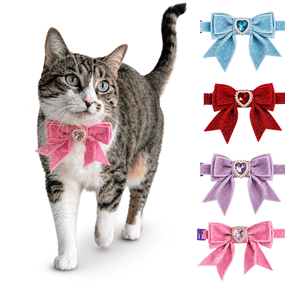 Kiokatt Breakaway Cat Collar with Sailor Bow, Velvet, Rhinestone Heart Gem, Pink, Adjustable