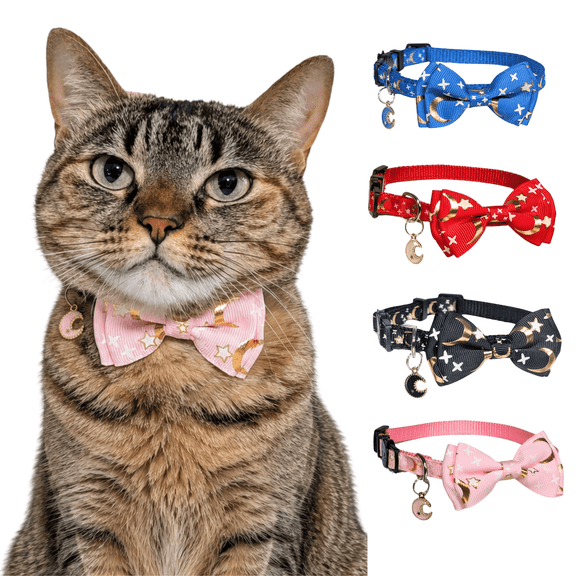 Kiokatt Breakaway Pink Bowtie Cat Collar – Adjustable Celestial Nylon with Moon Charm