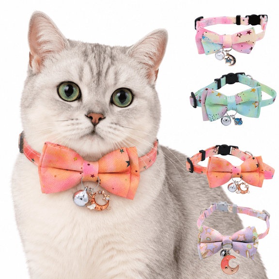 Kiokatt Breakaway Cat Collar, Peach Galaxy Print, Bowtie, Charm, Bell