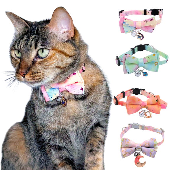 Kiokatt Breakaway Bowtie Cat Collar, Pink Galaxy Print, with Charm and Bell