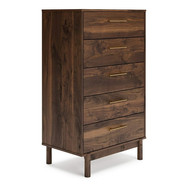 Kip 50 Inch 5 Drawer Modern Tall Dresser Chest Dark Brown Gold Handles - Saltoro Sherpi