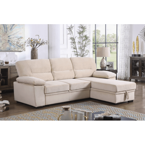 Kipling 97.5" Beige Velvet Fabric Reversible Sleeper Sectional Sofa Chaise for Small Spaces | Walmart US Store