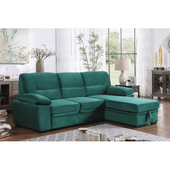 Kipling 97.5" Green Velvet Fabric Sectional Sofa Chaise with Reversible Storage & Pull-out Sleeper for Small Spaces