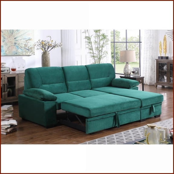Kipling 97.5" Green Velvet Reversible Sleeper Sectional Sofa Chaise with Storage | Green | Velvet | Round Arms