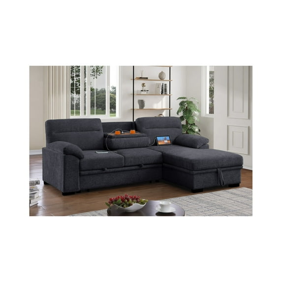 Kipling II 94"W Dark Gray Chenille Sleeper Sectional Storage Cupholder USB
