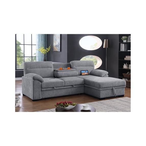 Kipling II 92.5"W Light Gray Chenille Sleeper Sectional Storage Cupholder USB