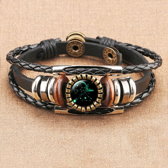 Kiplyki 12 Constellation Bracelet Charm Leather Rope Bracelet Ladies Men Hand Woven Rope Bracelet Punk Chain Cuffs