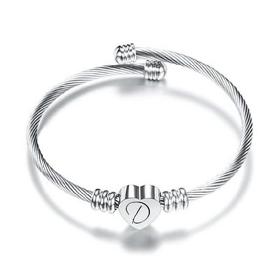 Kiplyki 26 Letters Stainless Steel Wire Bracelet Heart-shaped Bracelet