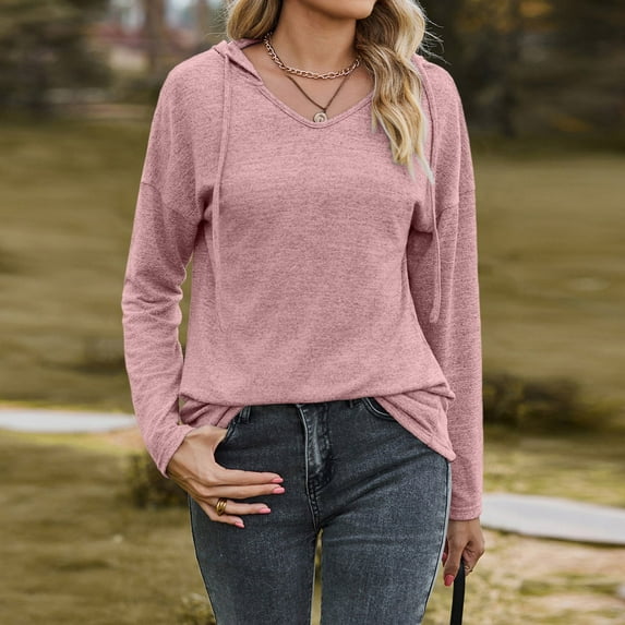 Kiplyki Autumn Sweatshirts Popular Solid V-neck Hooded Loose Sleeved Top Sweater