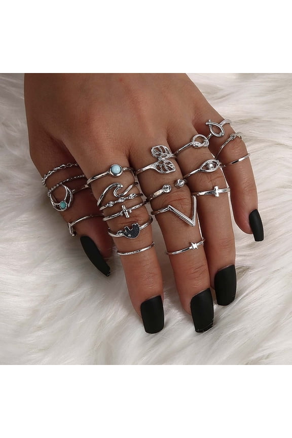 Bohemian V-shaped Leaf Eye Geometric Circle Moon Ring 20-piece Ring Set