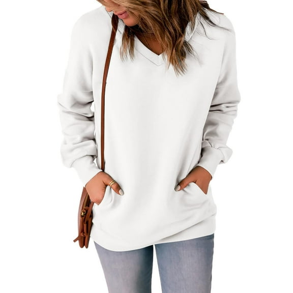 Kiplyki Christmas Shirts for Women Classic Solid Color V-neck Long Sleeve Loose With Pocket Tops Blouse Sweatshirt