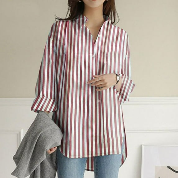 Kiplyki Christmas Women's Long Sleeve Shirts Deals New Shirt Striped Printed Slit Long Sleeve Button Casual