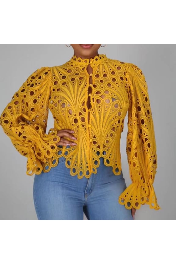 Kiplyki Christmas Long Sleeve Tops for Women Ruffle Puff Flare Shirt V Neck Hollow Out Tunic Blouses Tops