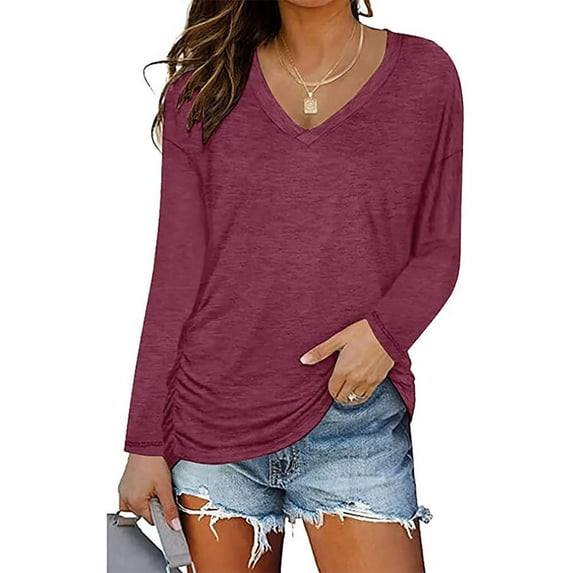 Kiplyki Clearance Christmas Shirts for Women Winter V Neck Long Sleeve Tops Solid Regular Blouse
