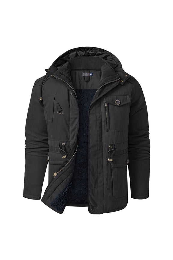 Fall Jackets for Men Lamb Velvet Hooded Jacket Thickened Multi-pocket Casual