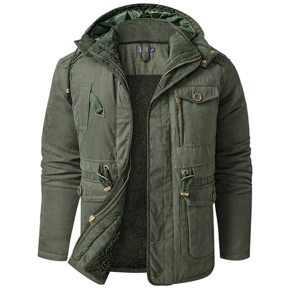 Kiplyki Clearance Fall Jackets for Men Lamb Velvet Hooded Jacket Thickened Multi-pocket Casual