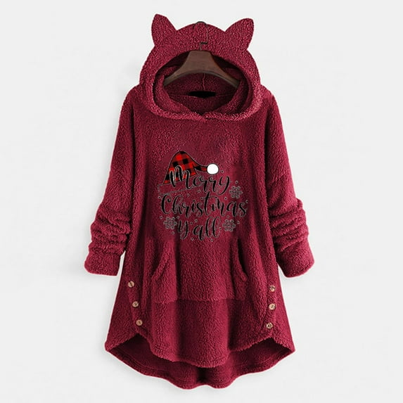 Kiplyki Hoodies Woman's Printing Buttons Long Sleeved Plush Coat Top