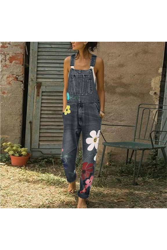 Pants for Women Washed Bib Jeans Overalls Print Ripped Jumpsuits Rompers