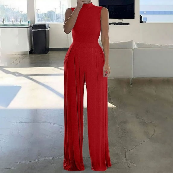 Kiplyki Clearance Trendy Pants for Women Color Jumpsuit Sleeveless High Collar Waist Wrapped Jumpsuit