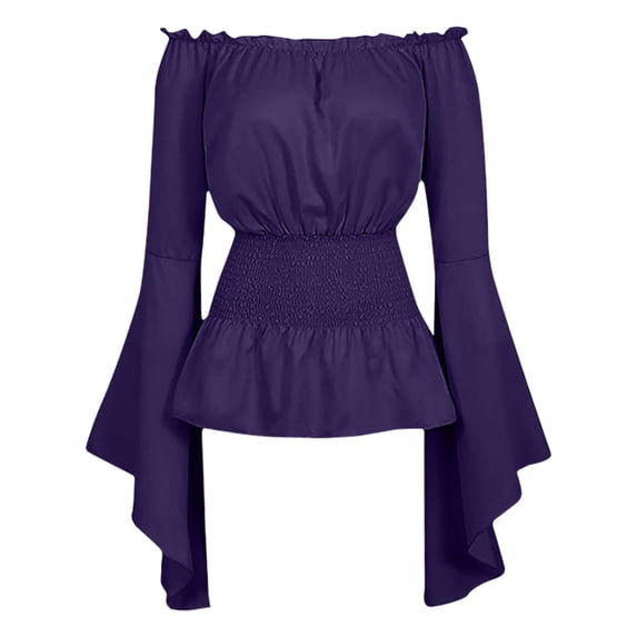 Kiplyki Clothes Women Boho Vintage Ruffle Off Shoulder Corset Flare Sleeve Blouse Shirt Tops