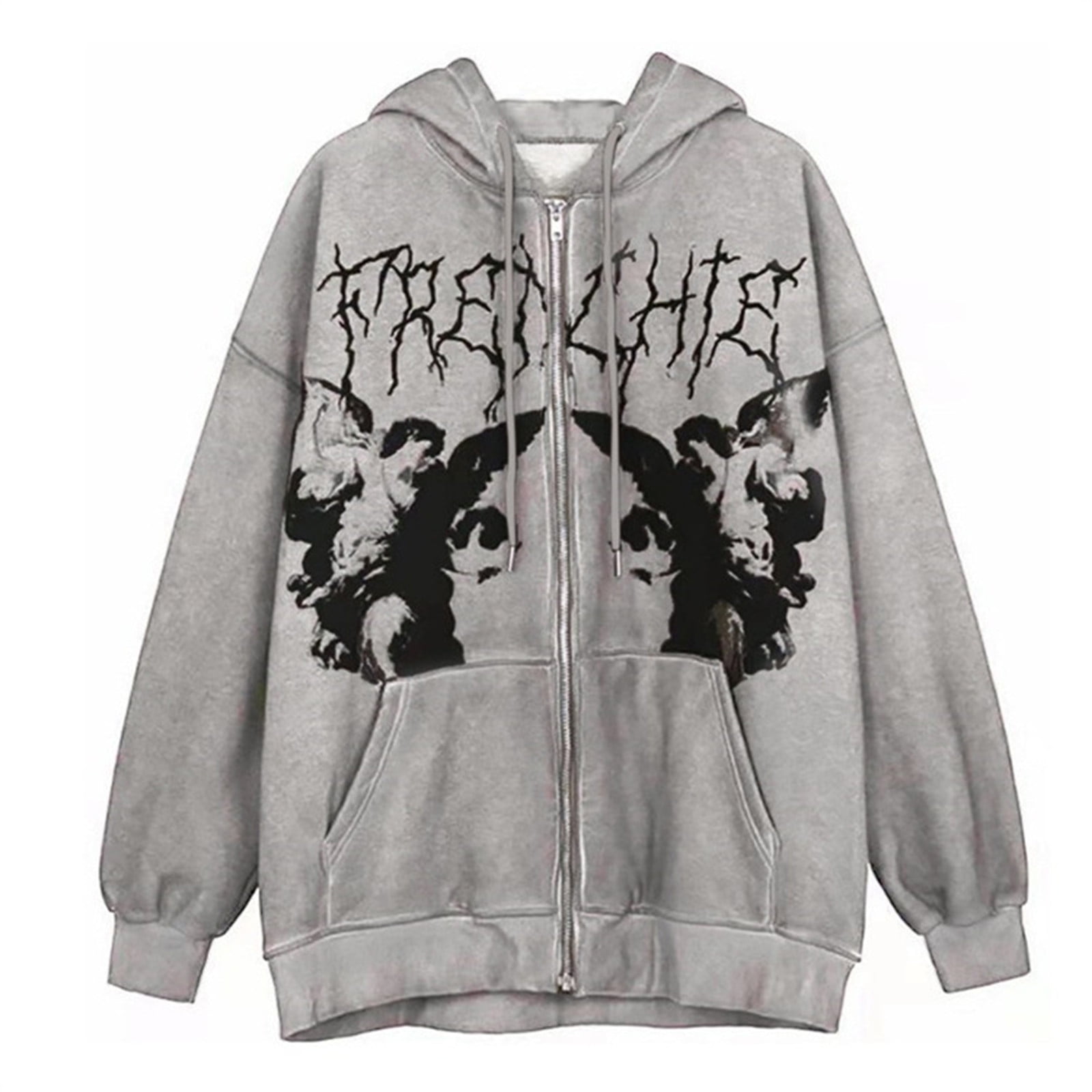 Clothes Women Autumn Dark Loose Print Casual Full-Sleeve Tops Hooded Coat