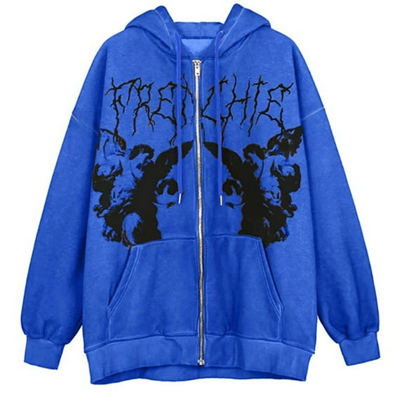 Kiplyki Clothes Women Autumn Dark Loose Print Casual Full-Sleeve Tops Hooded Coat