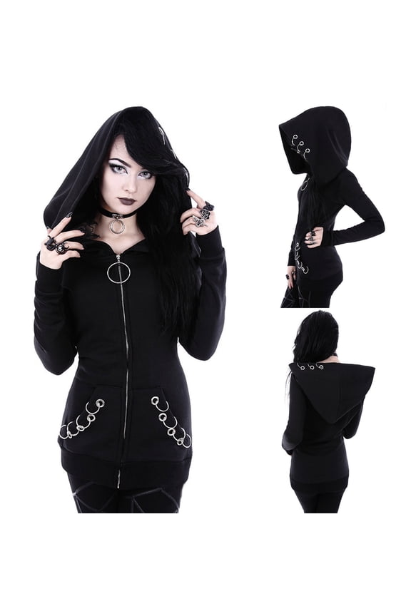 Clothes Women Loose Punk Long Sleeve Hooded Black Cardigan Zipper Jacket Coat